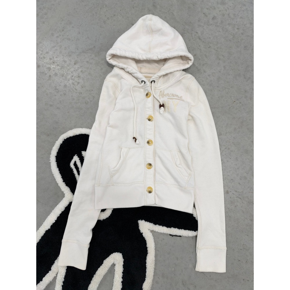 Abercrombie & Fitch Women XS Cream Button Hoodie A&F Logo Y2K Fleece Sweatshirt
